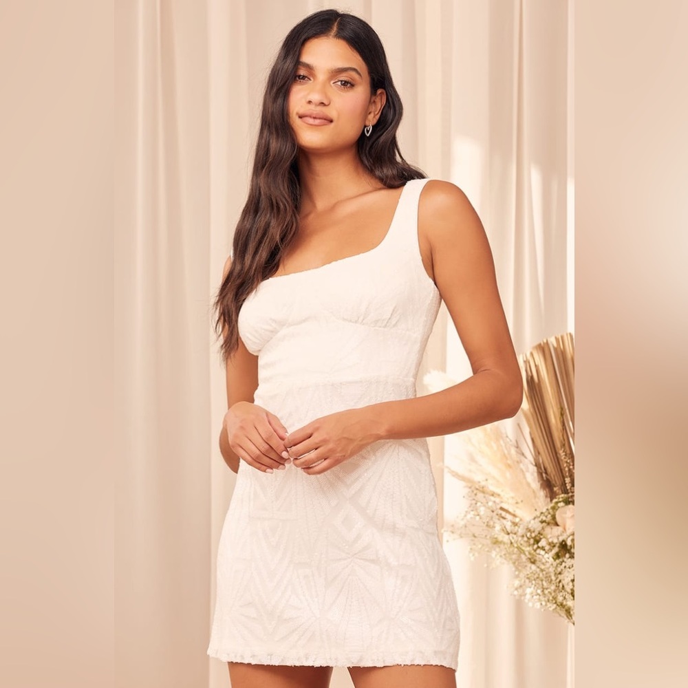 Lulus Know Your Worth White Sequin Square Neck Mini Dress size XL